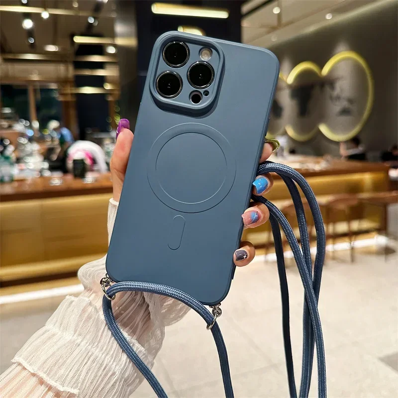 Magnetic Liquid Silicone Crossbody Lanyard Case with Soft Back Cover
