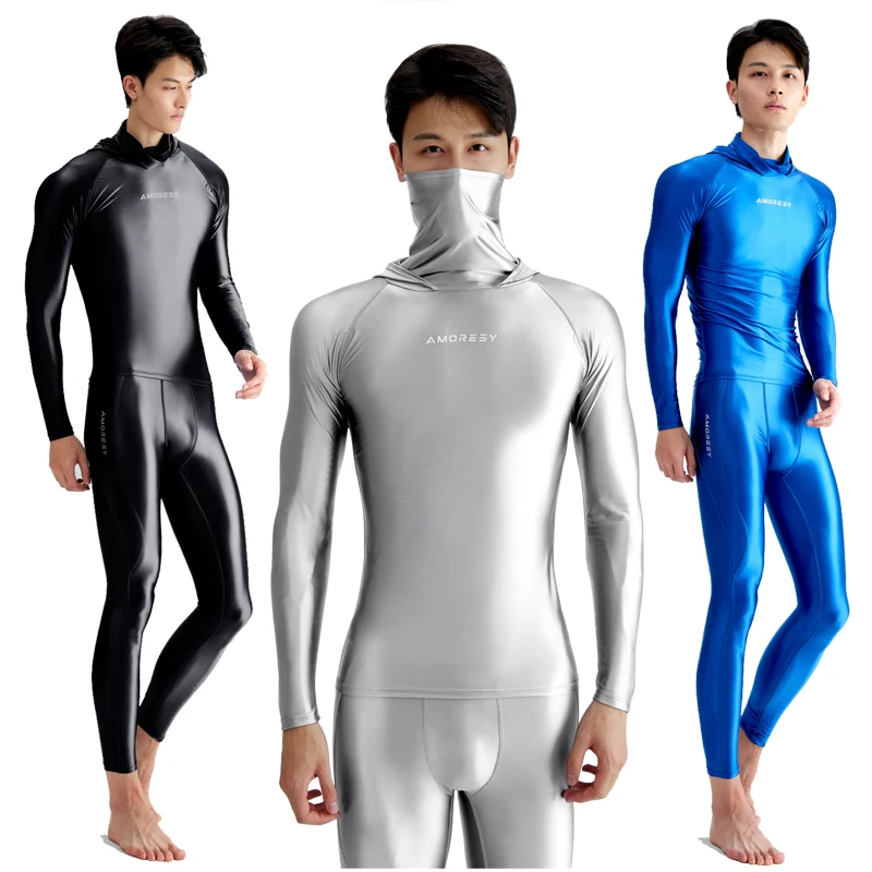 Men Silk smooth glossy swimsuit Tight pants surfing quick drying long sleeved Hooded top fitness Breathable body suits men swimsuit male swim rash guard