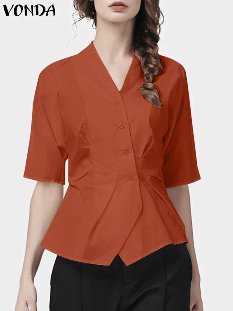 

2024 VONDA женская летняя рубашка с V-образным вырезом и коротким рукавом, Повседневная Свободная однотонная туника, топы, плиссированная блузка на пуговицах, элегантные блузы