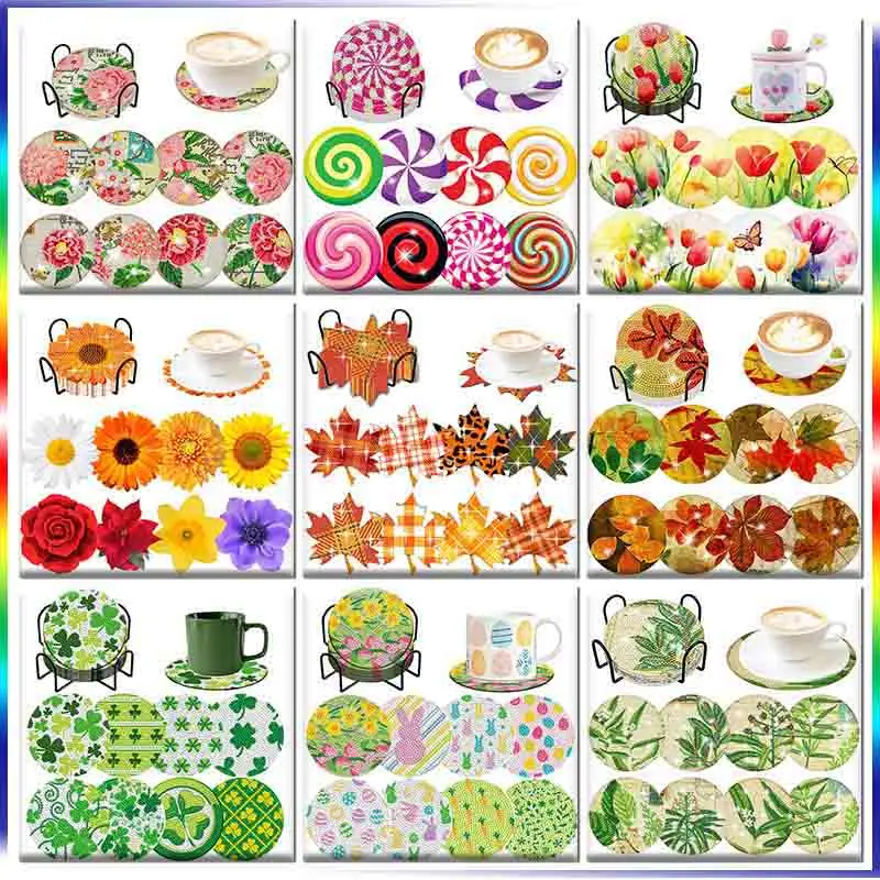 

8PC Diamond Painting Coasters with Holder Green Plant Leaves Diamond Painting Flower Kits for Adults Kids Diamond Art Crafts