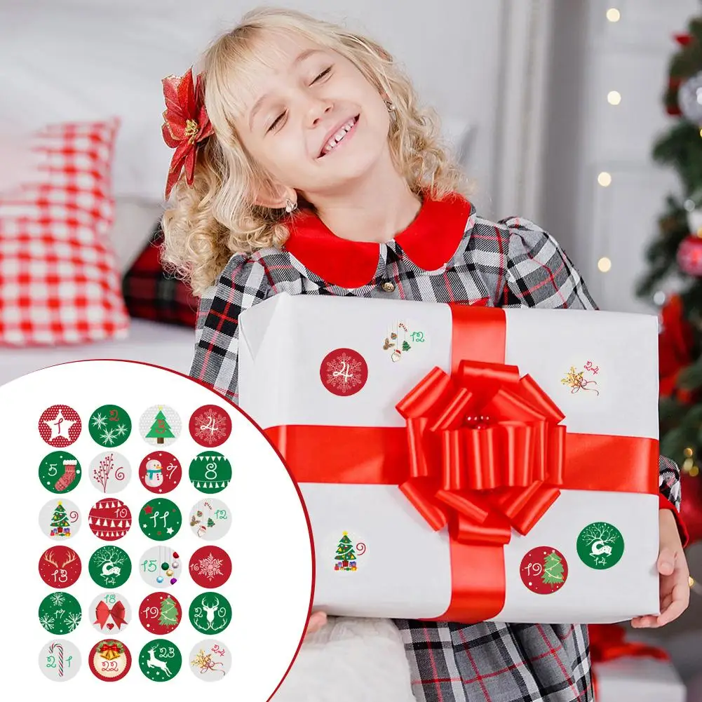 christmas Countdown Stickers 1-24 Round Christmas Label Sticker Festival Food Packaging Bag Decals for Envelopes Luggage Laptop