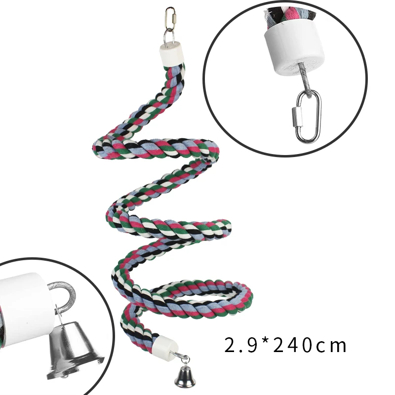 2.4Metre Long Bird Spiral Rope Perch, Cotton Parrot Swing Climbing Standing Toys with Bell Bungee Parrot Toy