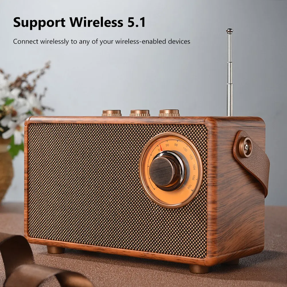 레트로 FM 라디오 휴대용 나무 블루투스 라디오 베이스 스피커, 핸즈프리 MP3 플레이어, 지지대 USB, TF 카드, AUX 재생