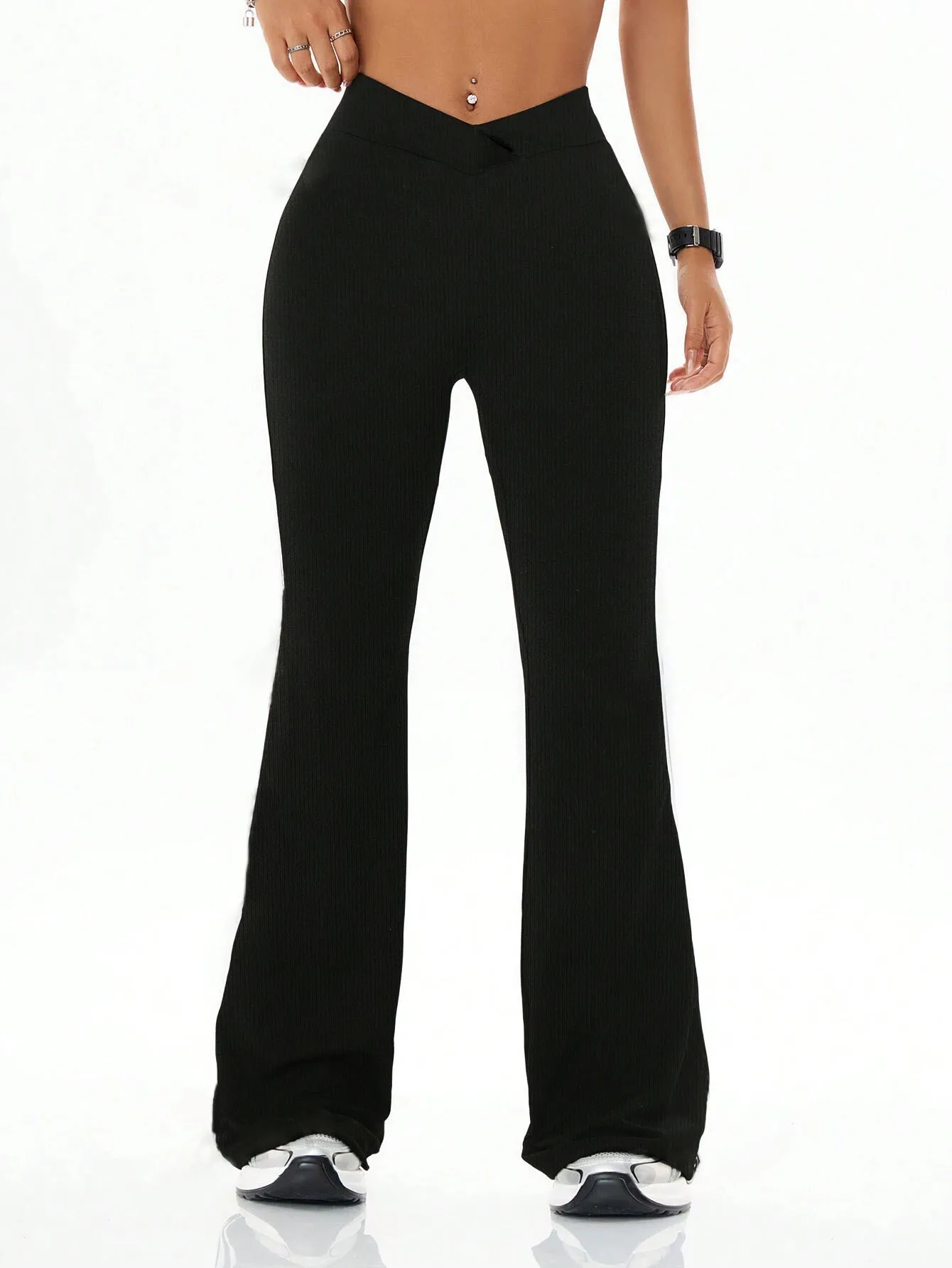 Women's high waist slim fit flared pants, solid color soft high elastic flared pants, retro style casual sportswear 5
