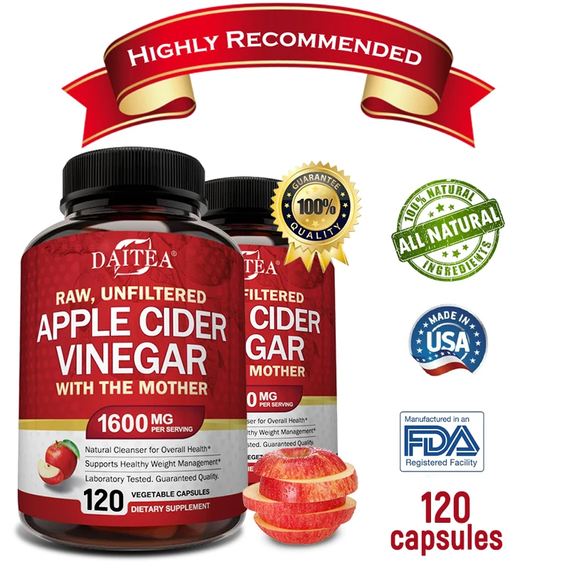 

Daitea Apple Cider Vinegar 1600mg - Supports Healthy Weight Management - 120 Vegetarian Capsules, Non-GMO