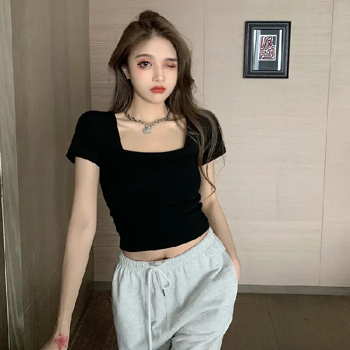 

2023 tight built-in square collar short-sleeved t-shirt high-waisted short-waisted outsides wear bottom shirt blouse gray22