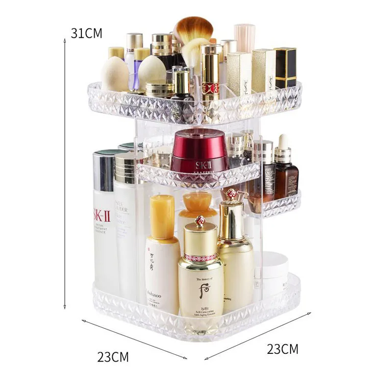 Makeup Organizer 360-Degree Rotating Cosmetic Storage Box, DIY Adjustable  Large Capacity Cosmetics Display Case Square Makeup Shelf with Diamond