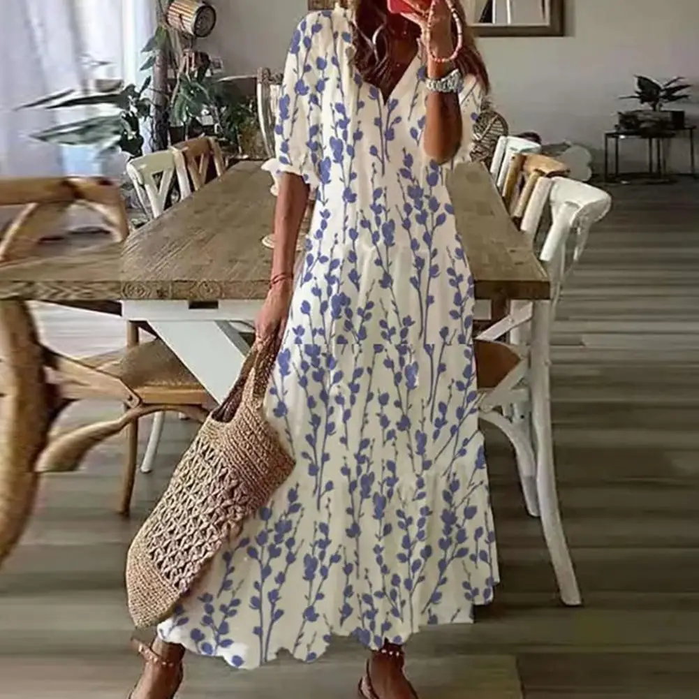 

Women Dress Half Sleeves Flower Print A-line Loose Hem V Neck Soft Long Tassel Decor Shirring Ankle Length Vacation Beach Maxi D