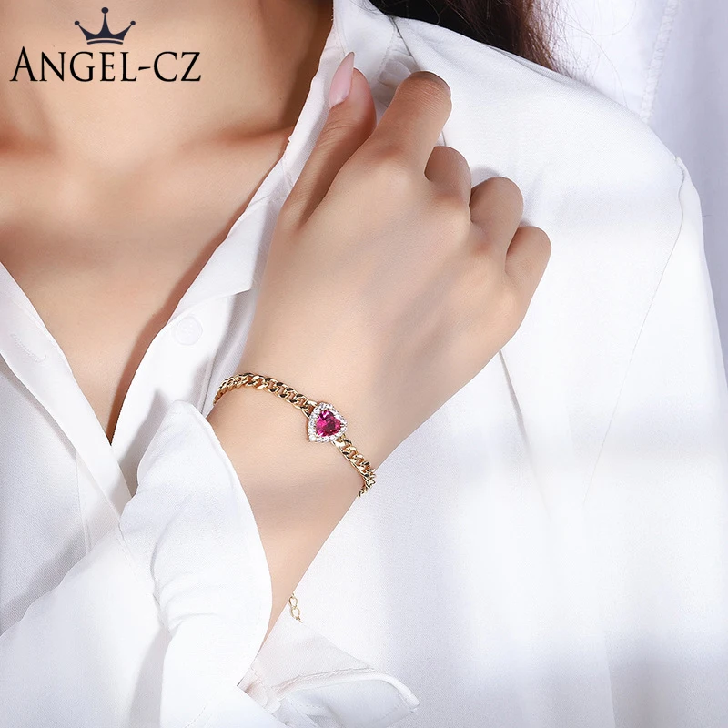 

ANGELCZ Delicate Yellow Gold Color Jewelry Full Micro Pave Bling Zirconia Red Heart Stone Crystal Women Banquet Bracelet AB156