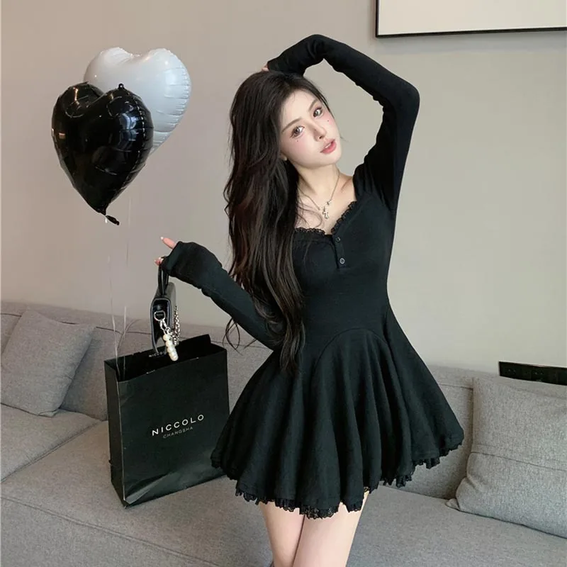 

Spicy Girls Pleated A-line Skirt Autumn New Style Solid color Puffy Sexy Lace Dress Women's Long-sleeved Waist Style