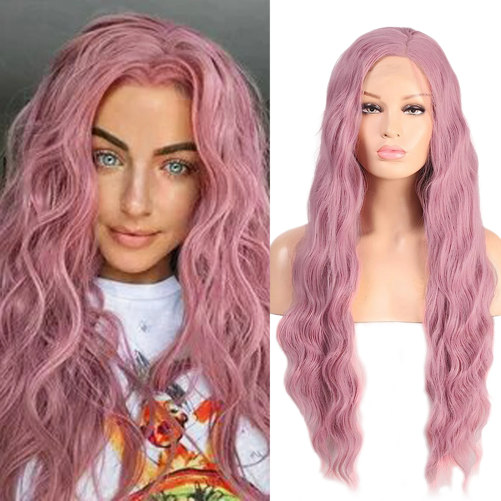 

RONGDUOYI Pink Synthetic Lace Front Wig Long Hair Body Wave Heat Resistant Lace Frontal Loose Wavy Wigs for Women Cosplay Used