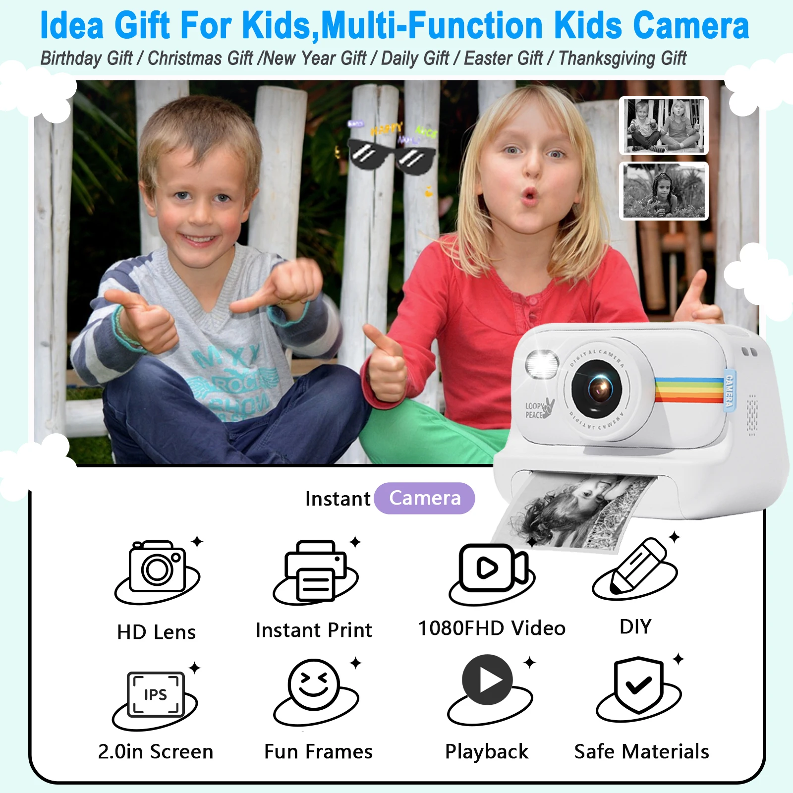 Digital Camera Instant Print Camera for Kids Christmas Birthday Gifts for Girls Boys 1080 HD Digital Video Cameras Toddler Portable Toy
