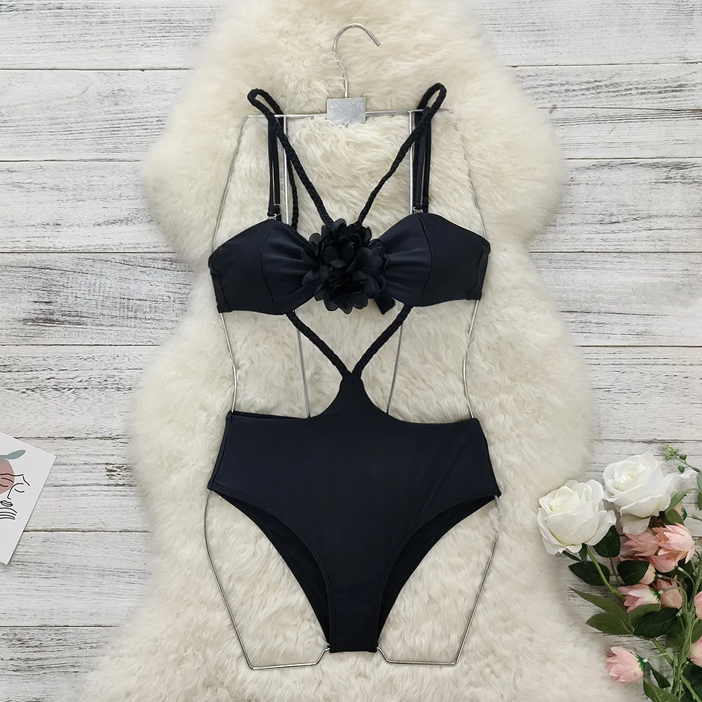 One-piece Bikini Pure Black Braided Rope Strappy 2023 New Swimsuit Female High Waist Sexy Backless Summer Beach Swimwear