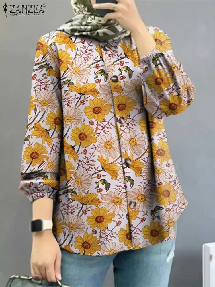 

ZANZEA Elegant Floral Printed Muslim Tops Woman Puff Sleeve O-Neck Blouse Bohemian Fashion Party Blusas Casual Chemise Abaya