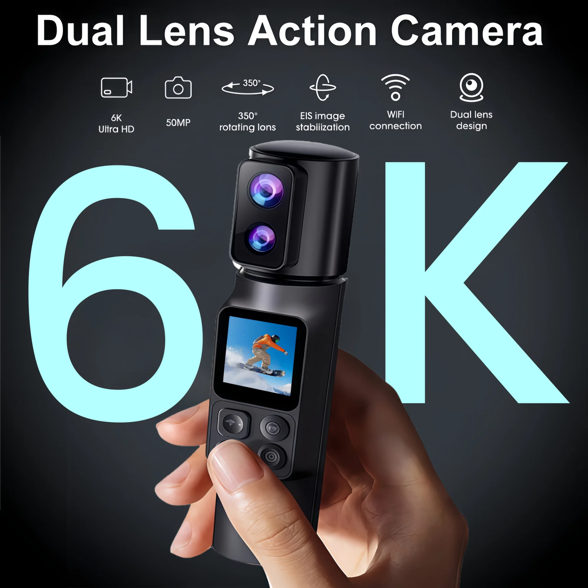 휴대용 액션 카메라 EIS 5배 줌 350 °   회전식 듀얼 렌즈 고화질 스포츠 카메라 50MP Wi-Fi 웹캠 DV 레코더