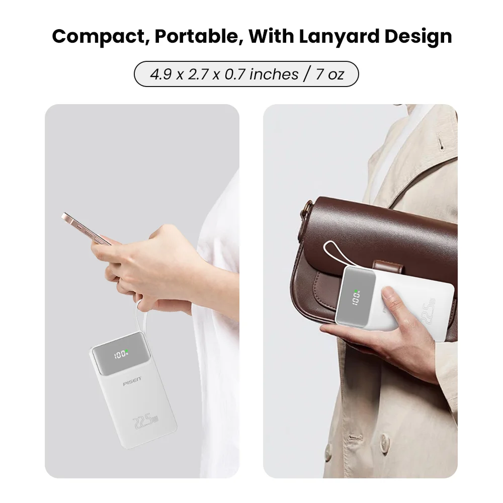 PISEN 3C Certified 22.5W Power Bank 10000mAh/ 20000mAh With Built-in Type C/L Cables Fast Charging Powerbank For iPhone Samsung 6