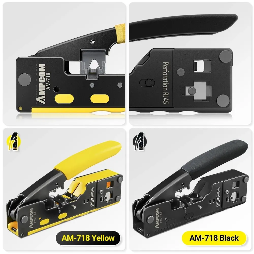 AMPCOM EZ 타입 네트워크 크림퍼 크림프 컷 LAN CAT8, 7, 6A, 6, 5E, STP, UTP, 테일 클립 포함, RJ45 TEL 모듈러 케이블, AM-718, RJ11, 12