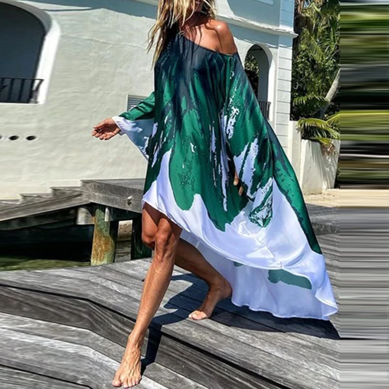 

Casual 3D Print Bat Sleeve Off Shoulder Mini Dress Sexy Beach Style Irregular Big Hem Dresses Spring Women Loose Party Dress