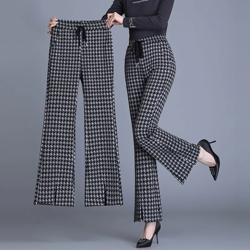 오피스 레이디 패션 격자 무늬 플레어 팬츠, 한국 여성 스트리트웨어, 신축성 있는 레이스업 하이 웨이스트 와이드 레그 캐주얼 바지, 봄 가을