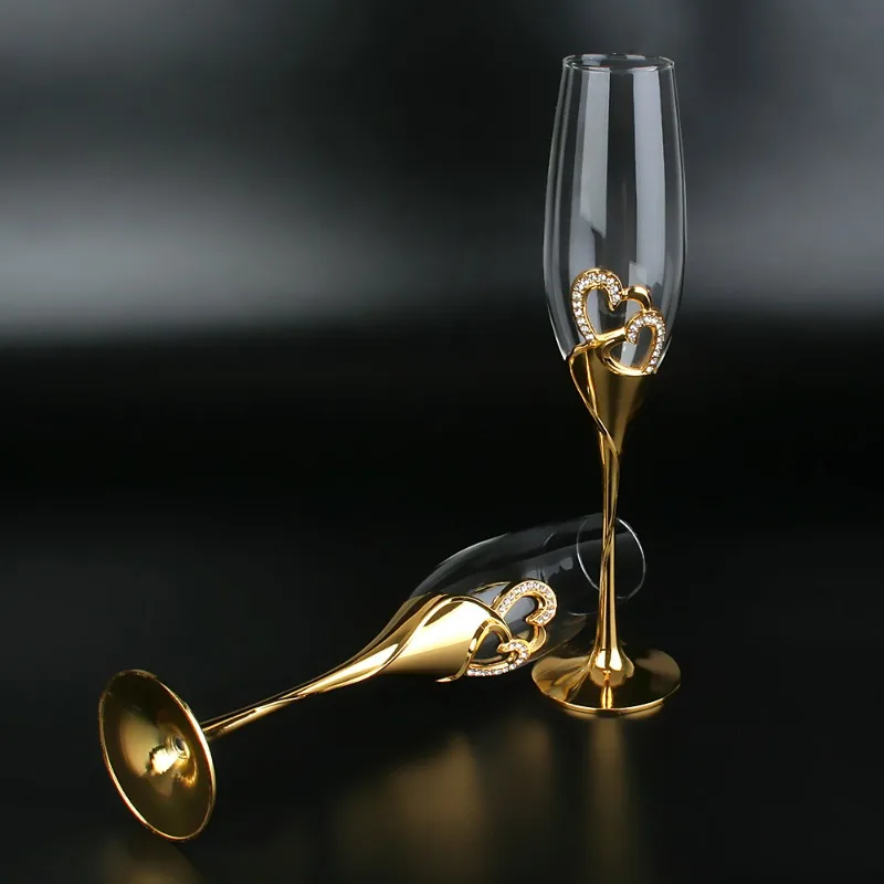2PCs Crystal Goblet Wedding Couple Cups Goblet Sparkling Wine Glass Simple Heart-Shaped Champagne Glass