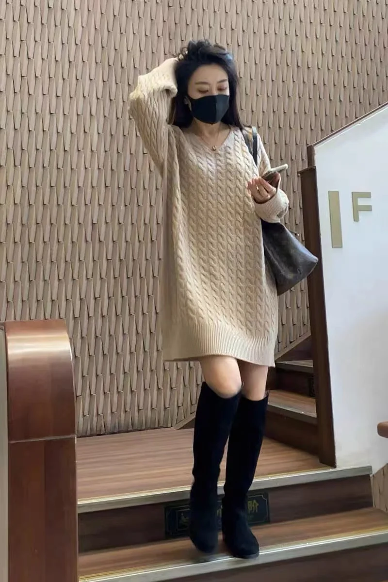 여성용 V넥 긴팔 단색 캐시미어 원피스, 루즈한 럭셔리 소프트 캐시미어 니트 원피스, 따뜻한 겨울 
