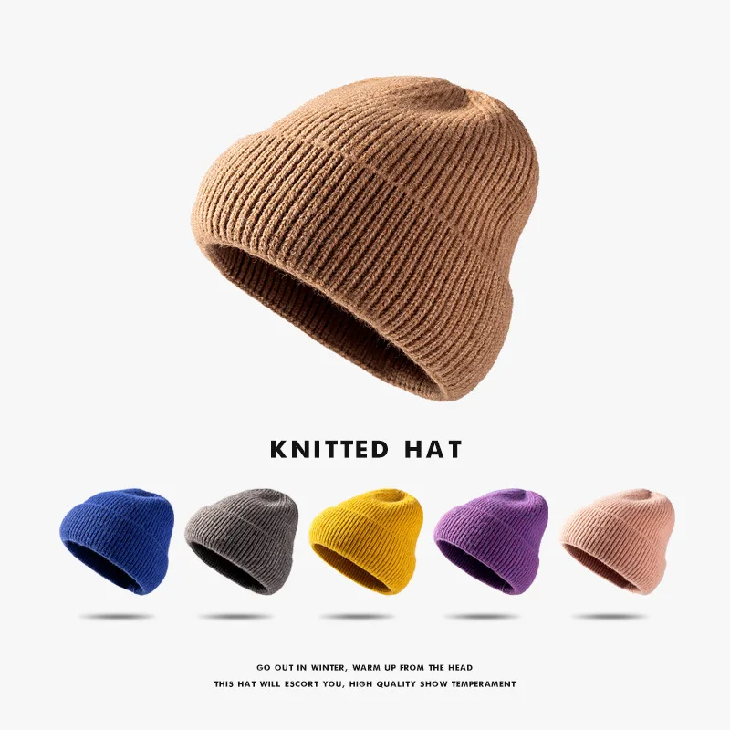 

Fashion men's women's Big Head Autumn Winter Solid Colour Knitted Cap Outdoor Sports Warm Cold Cap Wool Melonskin Cap Wholesale