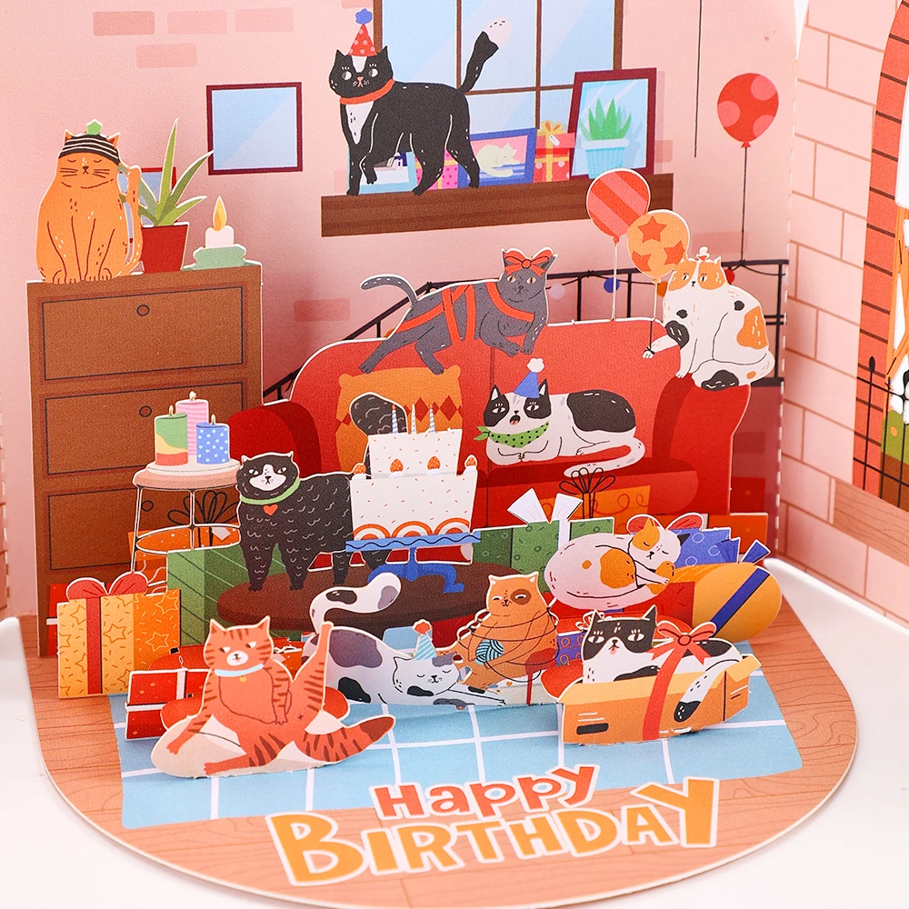 3D Cats Birthday Pop Up Card 3 | Birthday Day Greetings Card Funny Cat Double Door Pop Up 3D Card Creative Party Postcard Birthday Gifts For Couples Parents Chil 2