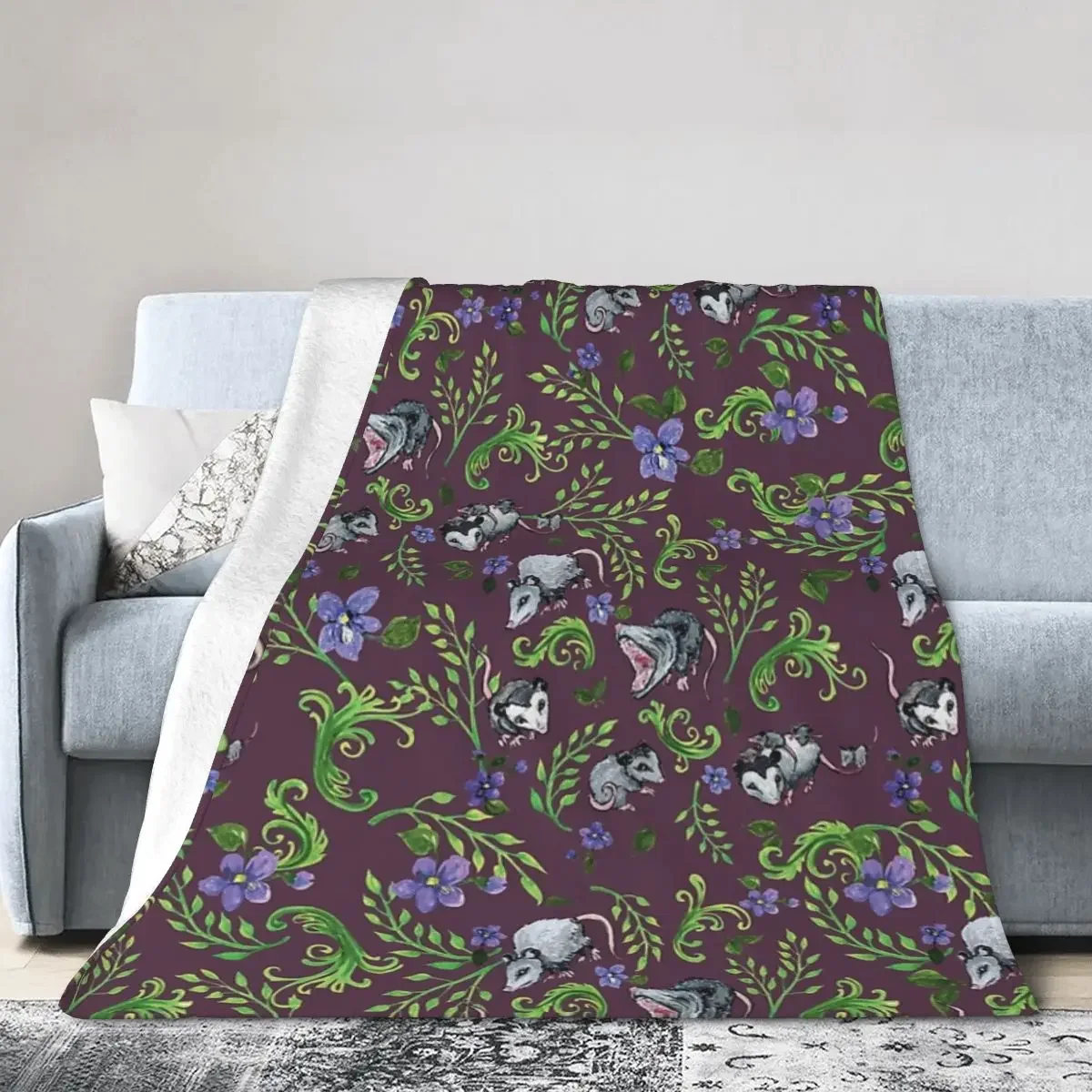 

Throw Blanket Opossum, Fern Violet Print Blankets Soft Bedspread Warm Plush Blanket for Bed Living room Picnic Travel Home Sofa