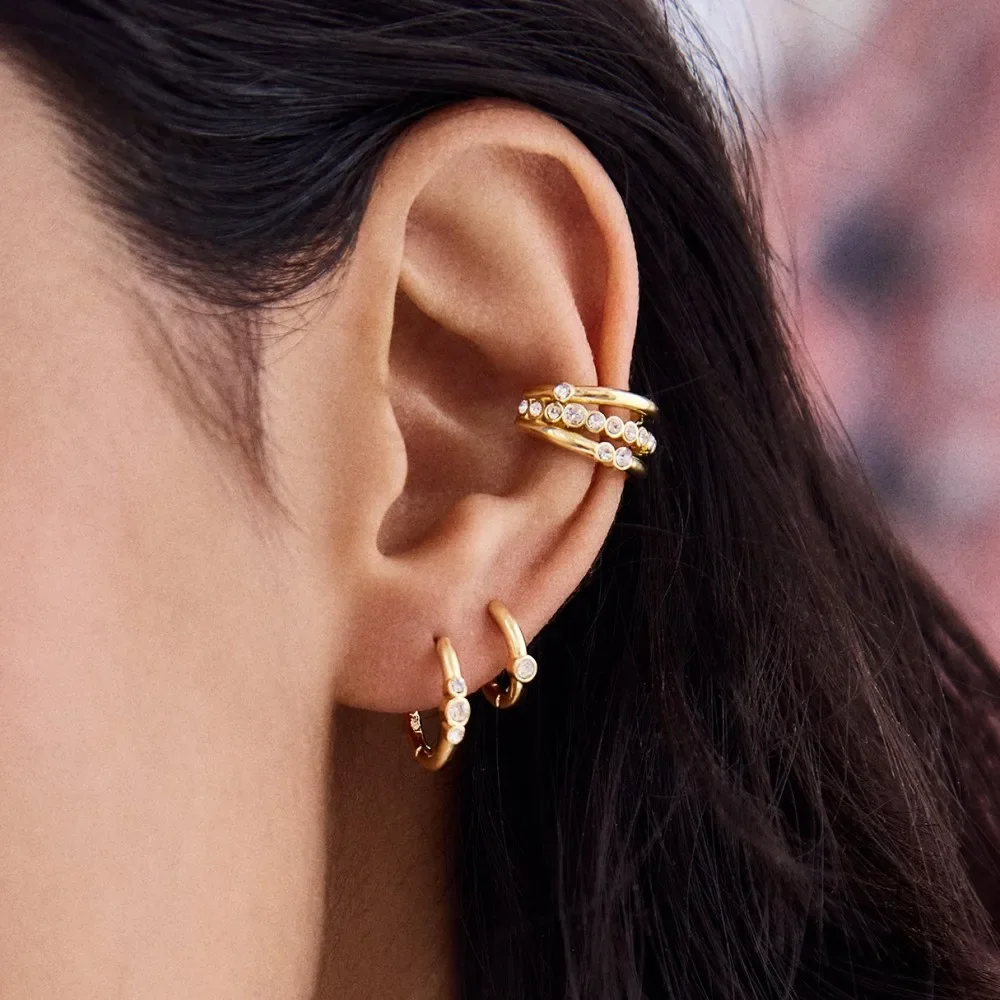 3pair/set Minimalist C-shape Earclips Shining CZ Zircon Small Circle Round Hoop Earrings for Women Girls Stainless Steel Jewelry