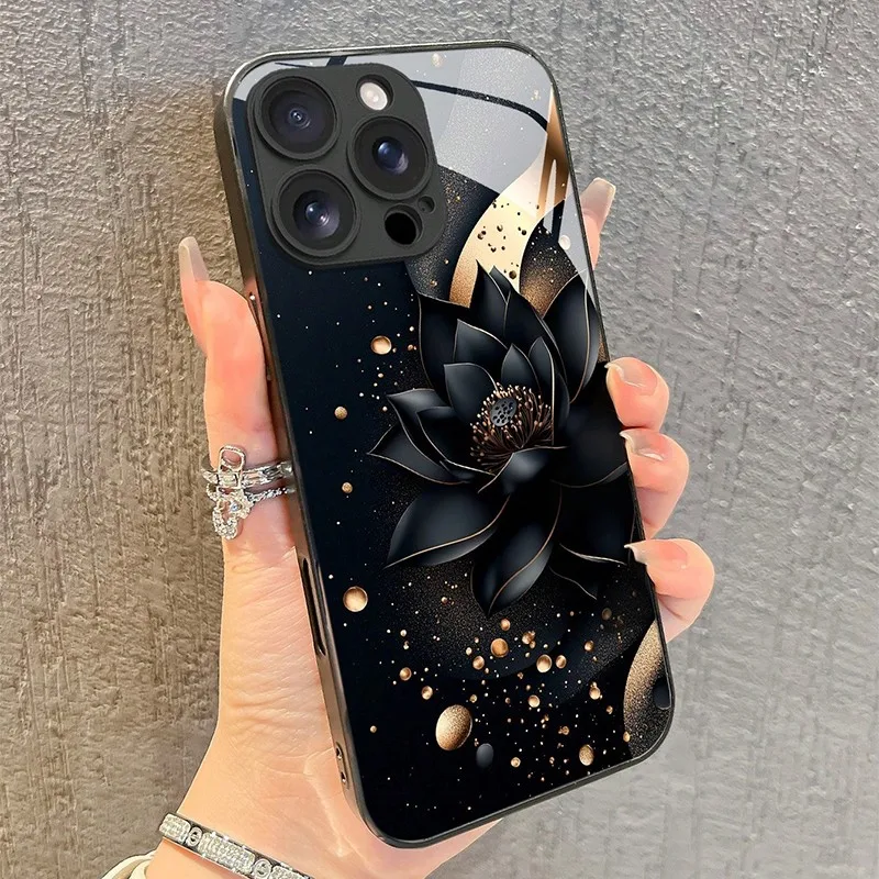Luxurious Black Lotus Flower Pattern Phone Case with Glass Frame