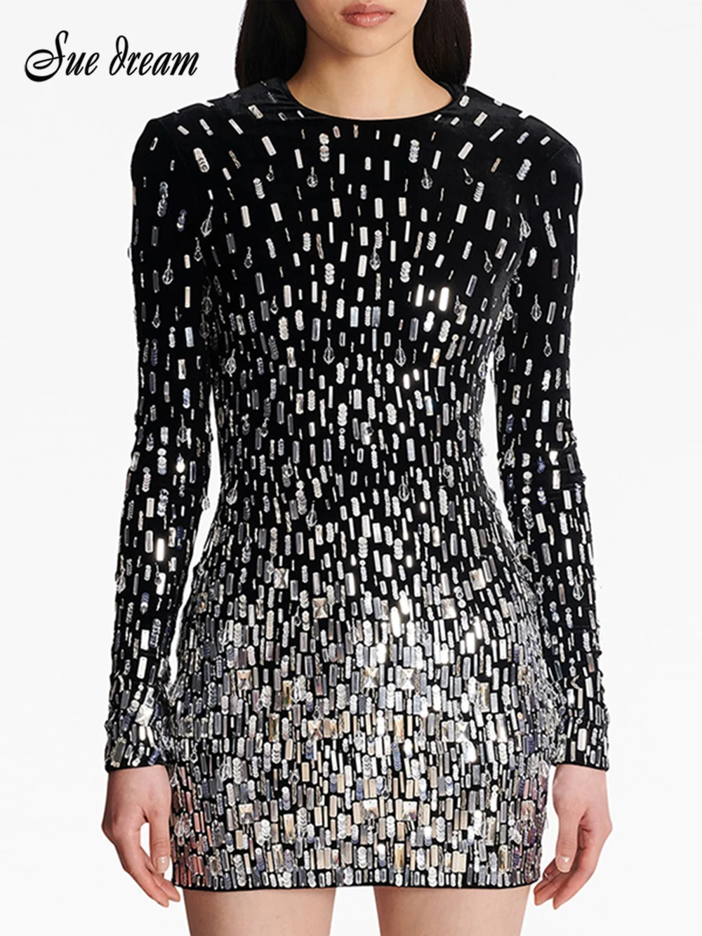 

2024 Summer New Women's New Heavy Industry Beaded Sequin Velvet Long sleeved Mini Dress Bodycon Celebrity Party Evening Dress