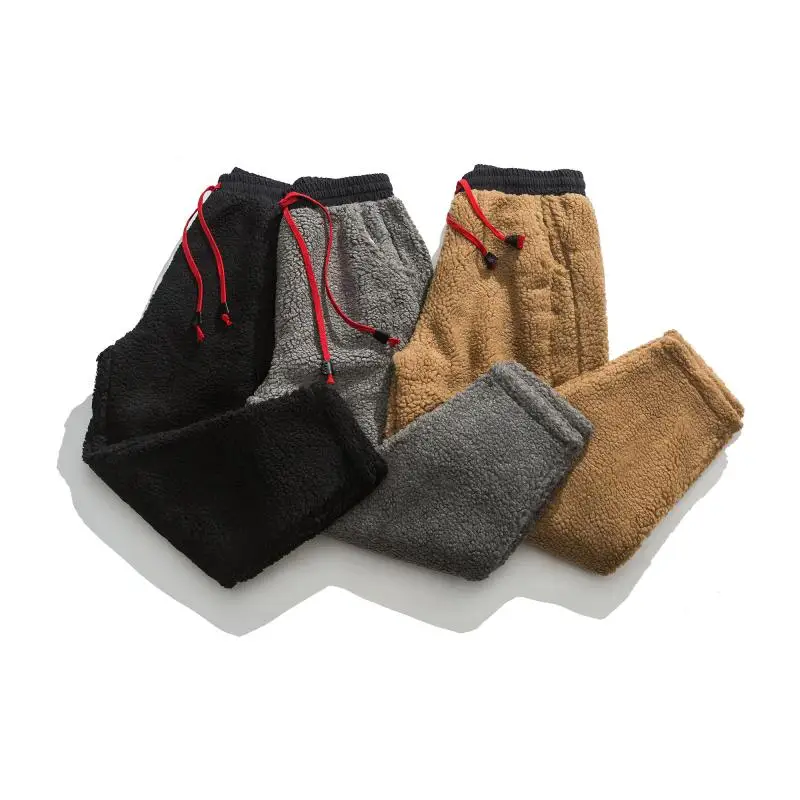 Winter Men Solid Color Fleece Pants Male Vintage Fashion Thick Oversized Harem Pants Men Lamb Wool Warm Trousers