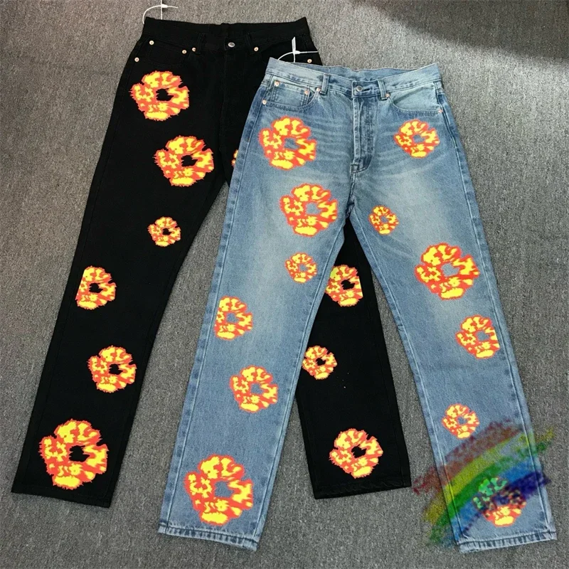 

2023fw Washed Flame Inlaid Kapok Jeans For Men Women Top Quality Washed Oversize Denim Trouser