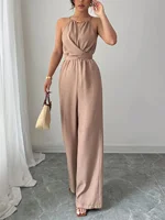 Women's Spring/Summer Casual Pleated Fabric Halterneck Beaded Waist Button and Tie Design Maxi Jumpsuit - Image 3