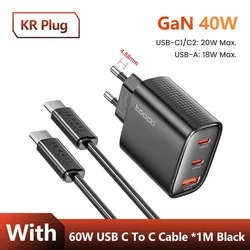 Toocki 40W GaN Dual USB - C Quick Charge Charger - KR Black with cable