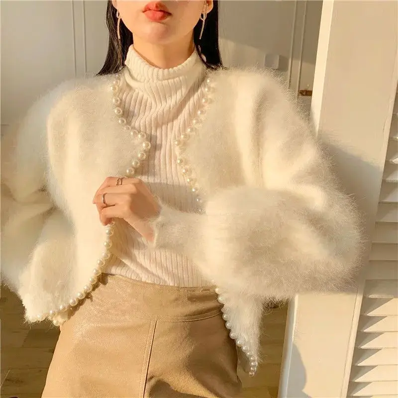 Korea Lantern Sleeve Mink Cashmere Sweater Knitted Cardigan Beads New Causal Knitwear Open Stitch paris modern stitch white chocolate mink кушетка