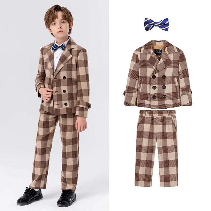 

Gentleman Kids Birthday Suit Children Khaki Plaid Party Photograph Dress Flower Boys Wedding Piano Performance Dance Show Wear