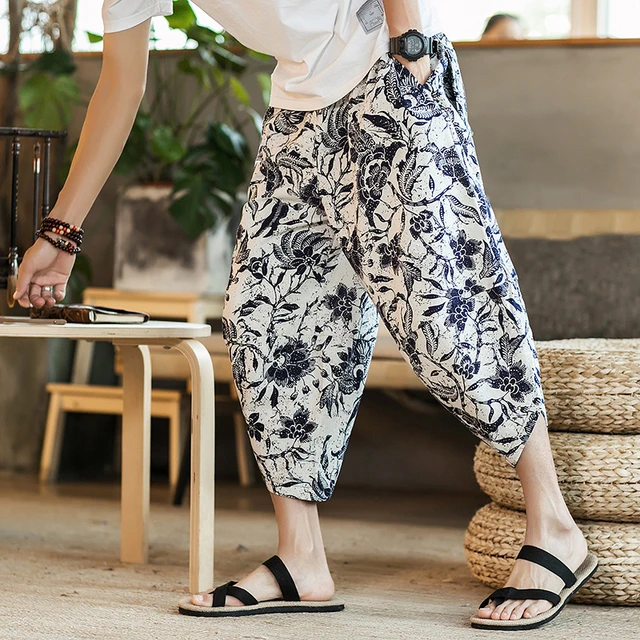 Men Cropped Trousers Linen Cotton Capri Pants Harem Shorts Baggy Calf Length