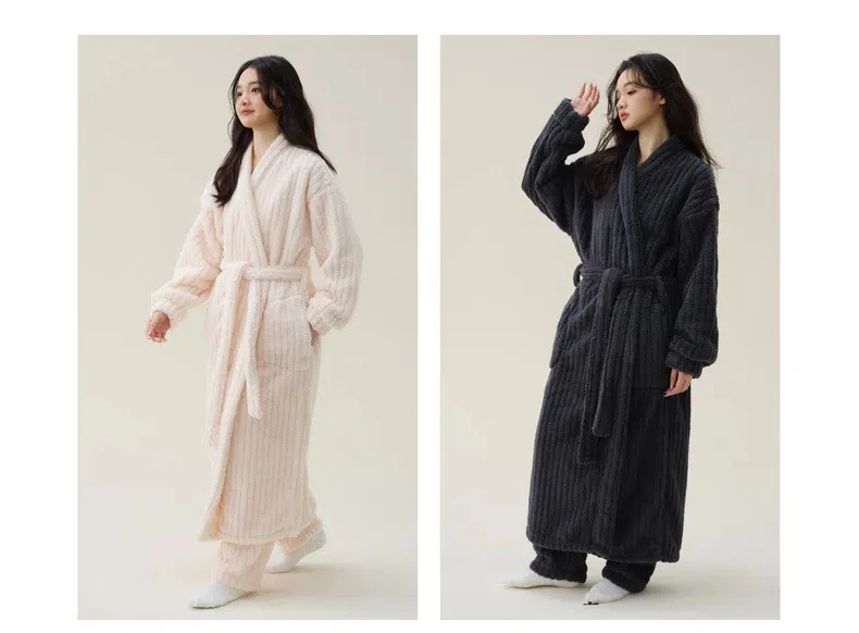 Textile City Off White Damen-Bademantel, verdickt, solide, weiche Nachtwäsche, Kimono, Korallen-Fleece-Nachthemd-Sets für Herbst und Winter – Detail 2