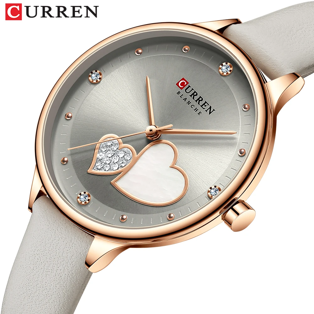 

CURREN Heart Pattern Dial Design Leather Women Small Watches Charming Rhinestone Quartz Wristwatch Fashion Ladies Watch