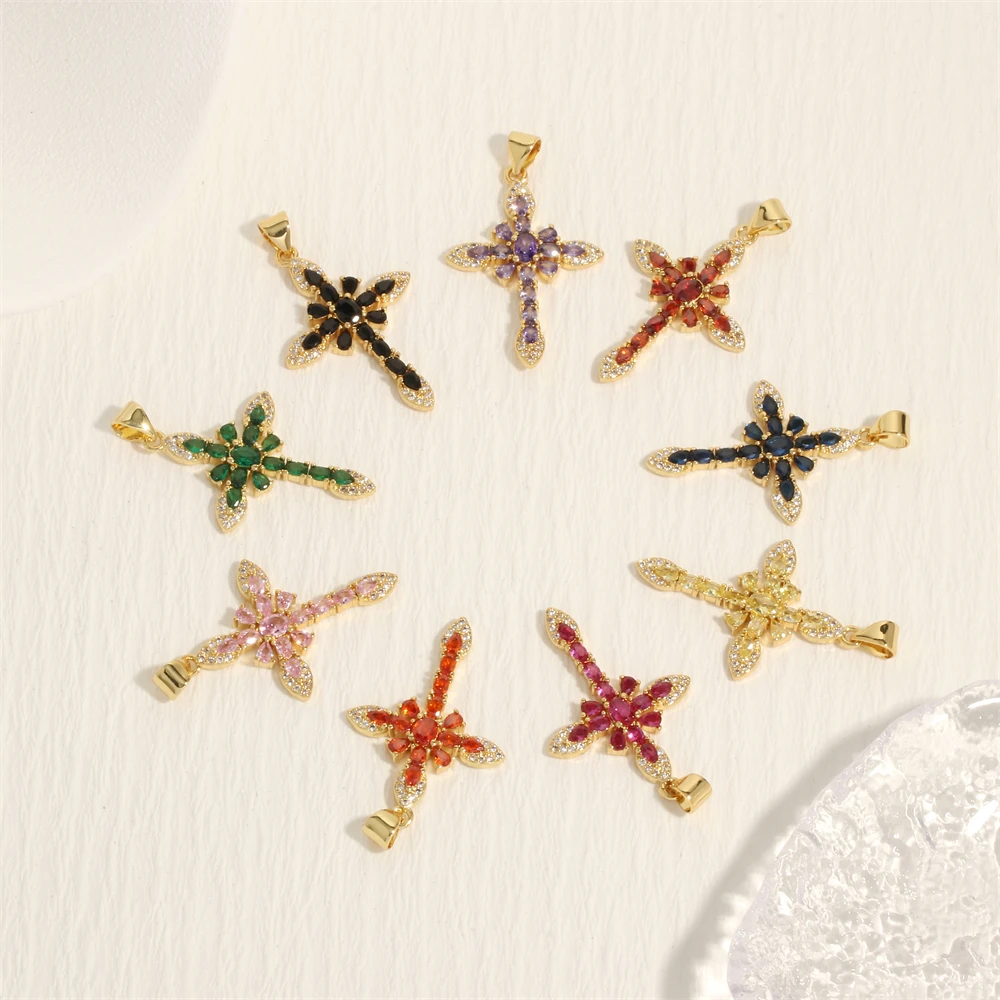 

Creative Retro Copper Inlaid Colored Zircon Cross Charms Pendant DIY Necklace For Jewelry Accessories Making Supplies Wholesale