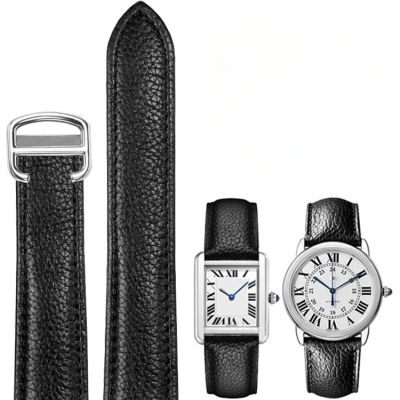 Premium Genuine Leather Quick Release Watch Strap with Solid Steel Buckle - Black Double Tail Design