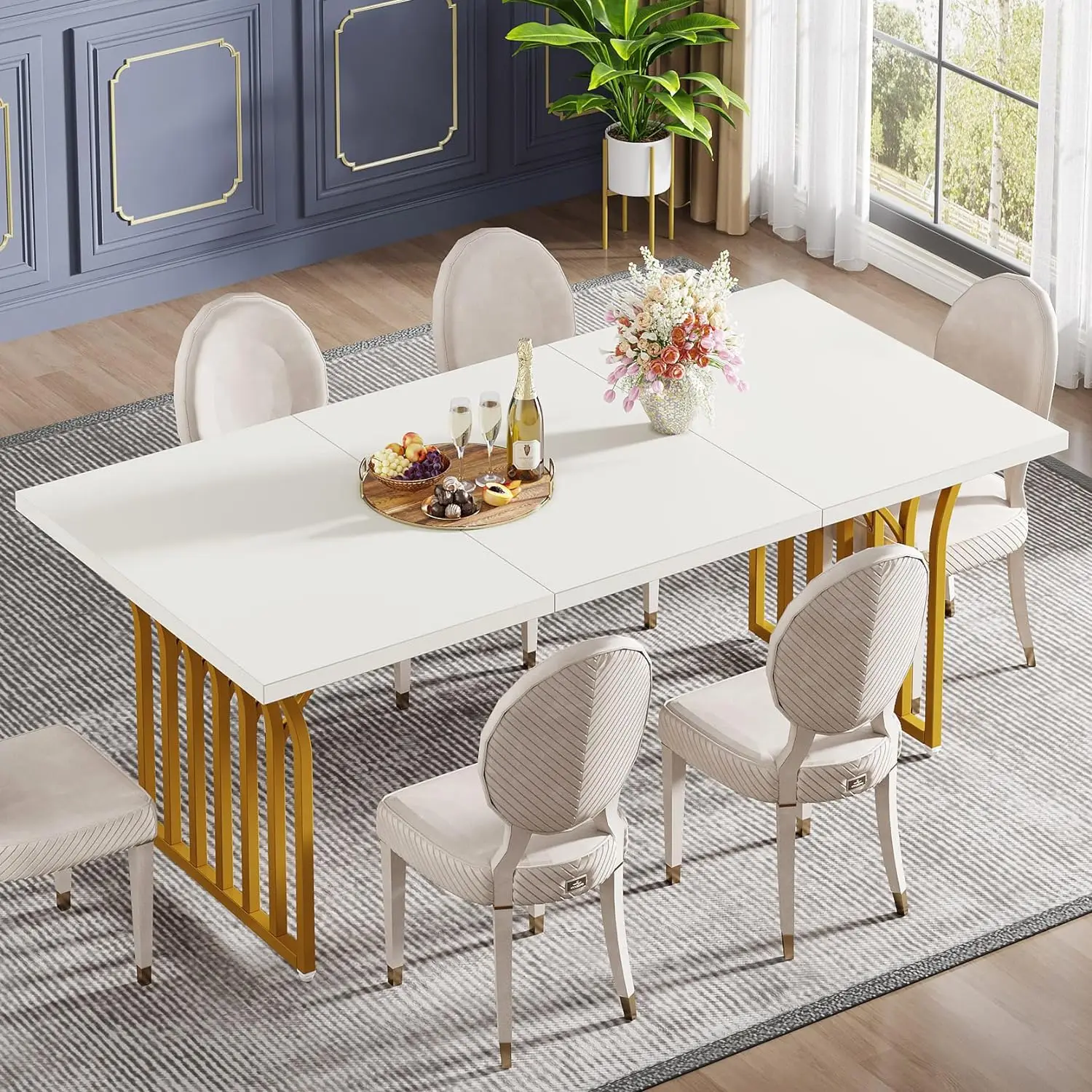 

Современный обеденный стол на 4-6 персон, 63 дюйма прямоугольный кухонный стол с золотой металлической рамой, деревянный обеденный стол, белый и золотой
