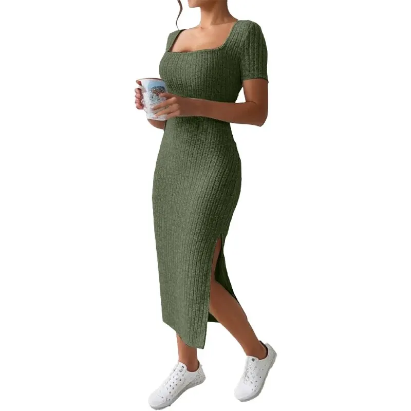 Summer Square Neck, Hip-Hugging Mid-Length Skirt, Short-Sleeved, Versatile Knitted Slit Dress 4