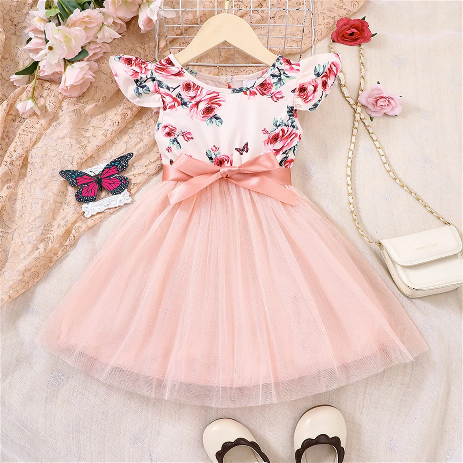 

Kids Girl's Dresses Summer Floral Prints Sleeveless Elegant Sweet Party Dress Splicing Tulle Princess Dress 1 2 3 4 5 6 Years