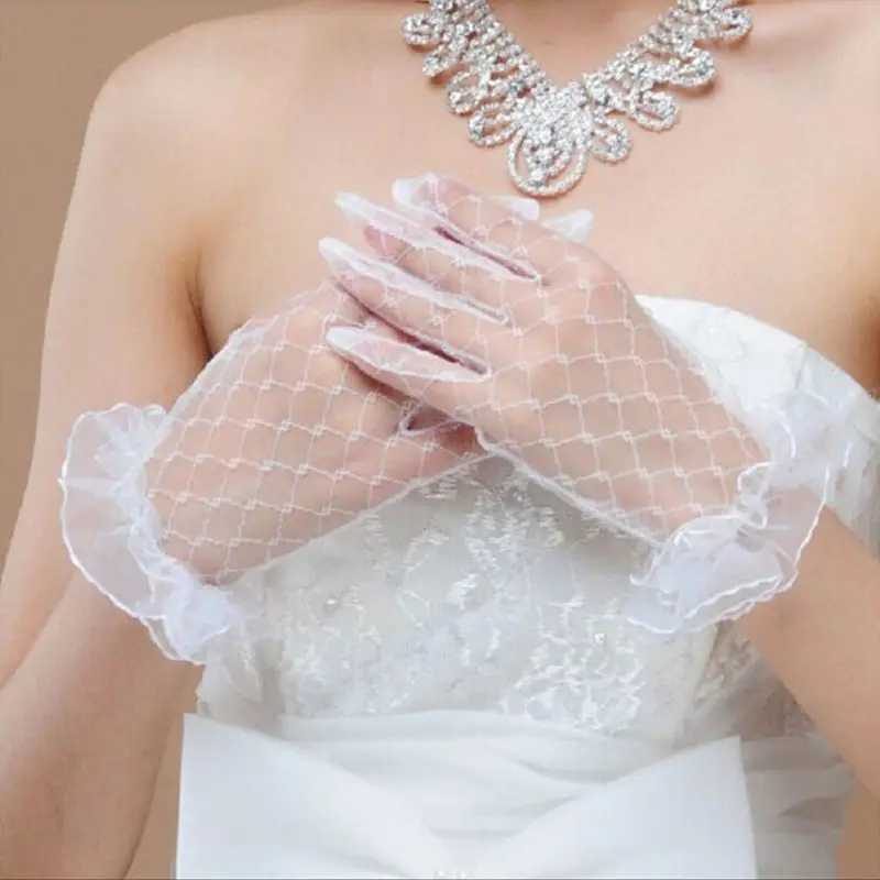 1 Pair Bridal Wedding Short Gloves Full Fingered Transparent Rhombic Gauze Ruffle Lace Trim Wrist Length Mittens Party lace gloves wedding dress gloves