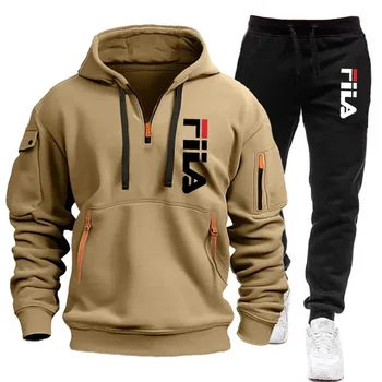 Autunno e inverno 2025 nuova felpa con cappuccio da uomo + pantaloni set da due pezzi, set di abbigliamento sportivo pullover da uomo multitasche per esterni 1