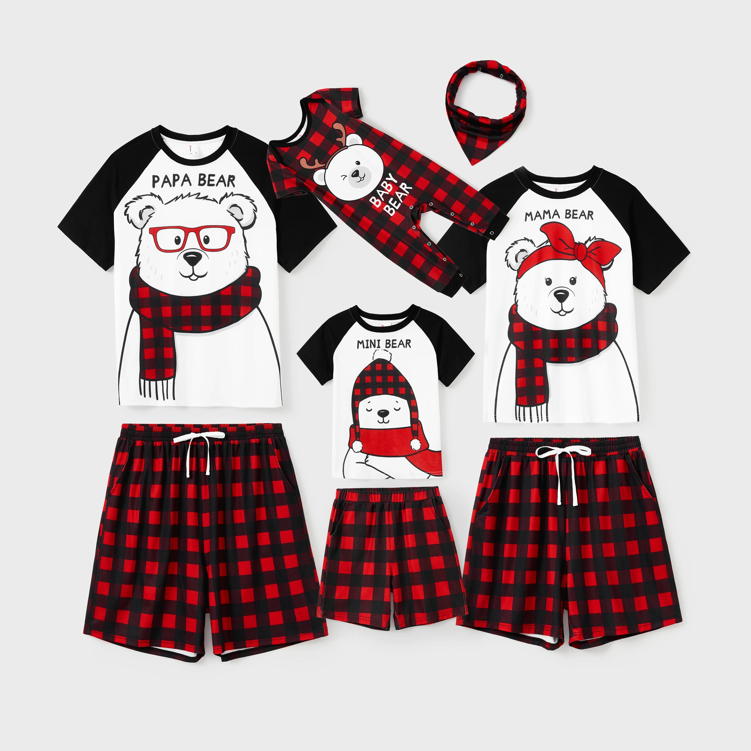 thumbnail image 2 of Conjuntos de pijamas navideños PatPat con osito de Navidad a juego para toda la familia, camiseta de manga corta con mangas raglán y pantalones cortos a cuadros, 2 of 5