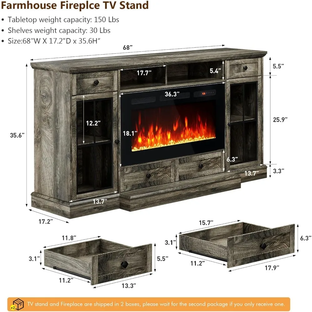 Fireplace TV Stand for 80 Inch TV, Entertainment Center with 36" Electric Fireplace, Media Console Cabinet for Living Room 6
