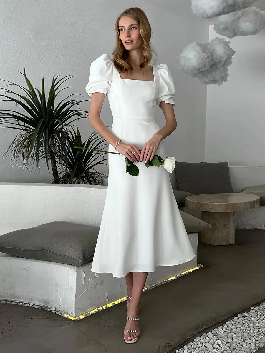 Bornladies Women's 2026 Summer New Square Neck Short Sleeve Dress Elegant Fitted Slim Puff Sleeve Midi Dress